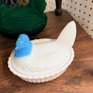 Milk Glass Hen on Nest Candy Dish - White with Blue Accent